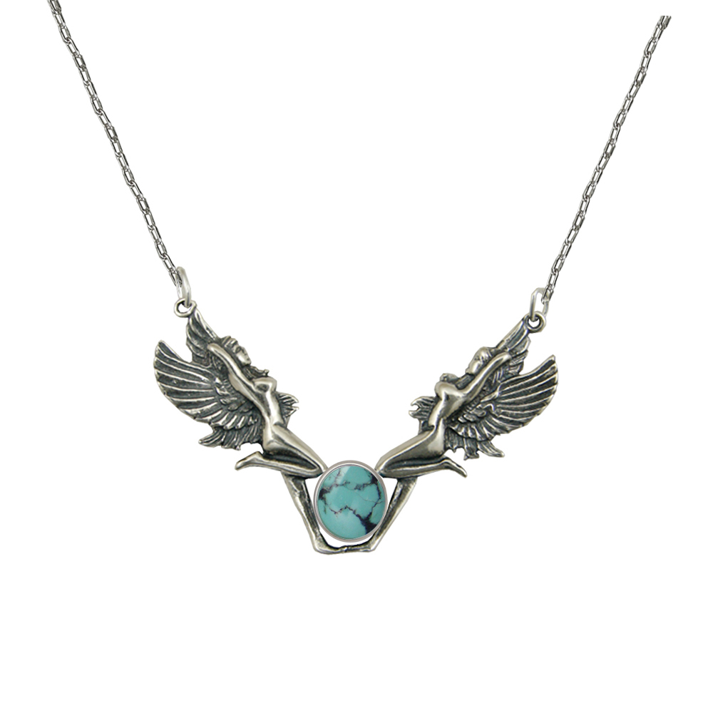 Sterling Silver Double Fairies Necklace With Chinese Turquoise